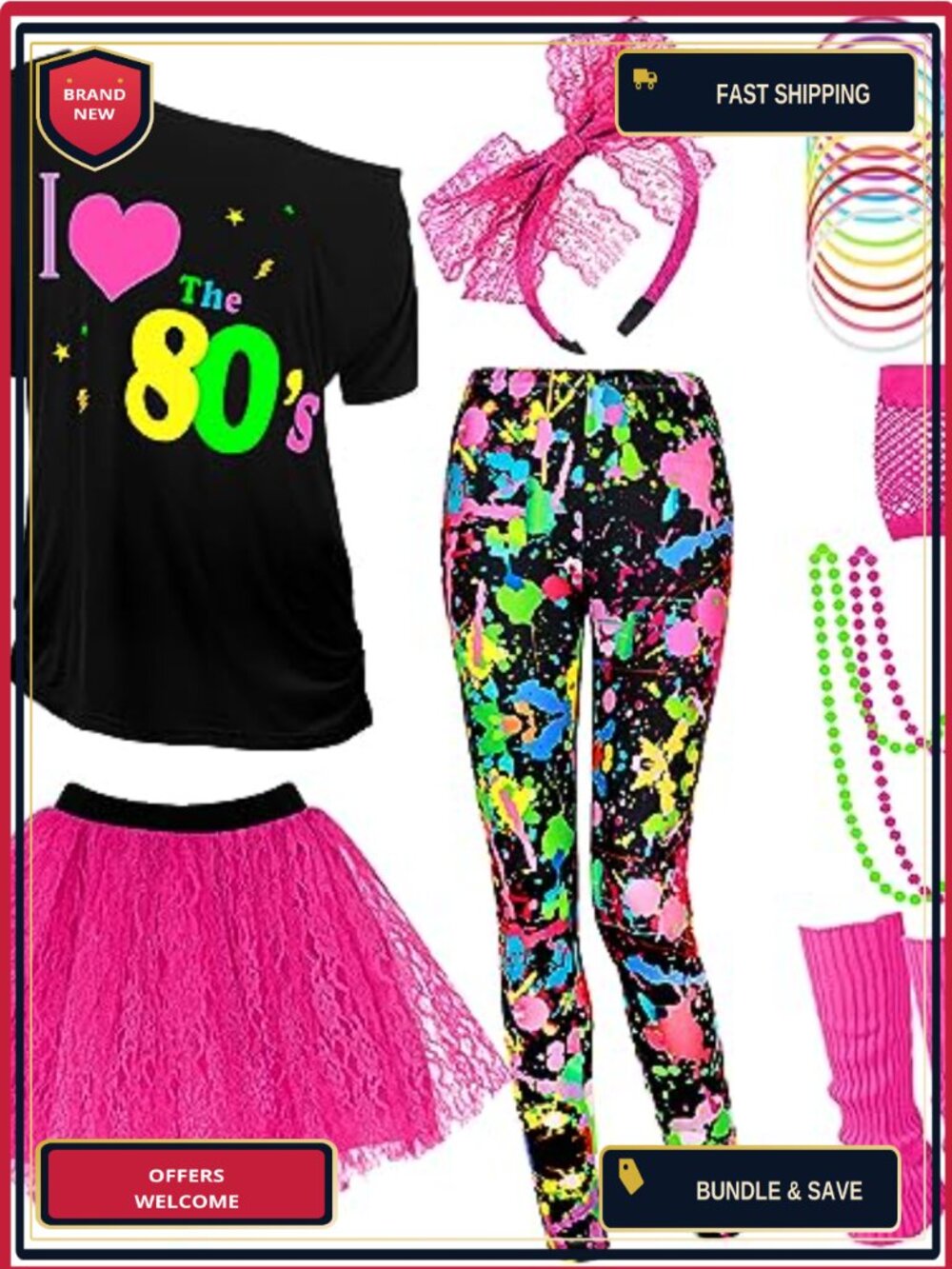 Womens 80s Costume Set 19 Piece Outfit Leggings Tutu Fishnet Gloves